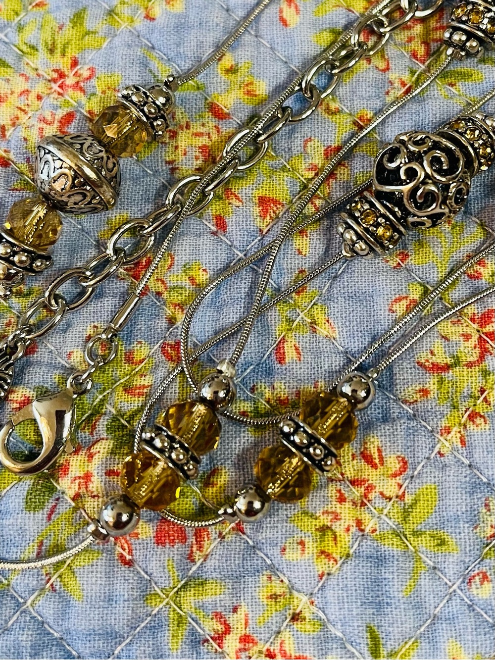 Amber Crystal and Silver Spacer Bead Long Necklace. 17” (adjustable of 2” more)